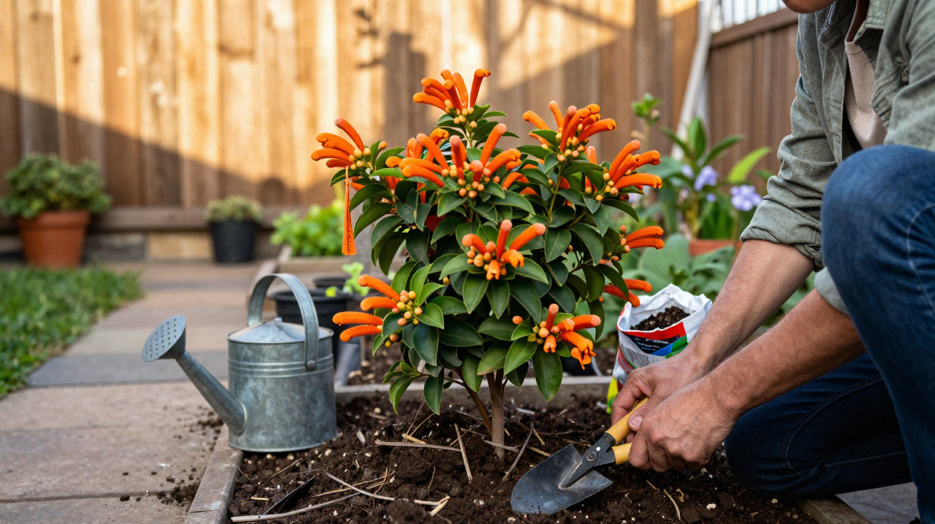 Pessoa a cuidar de planta com flores laranjas num jardim com regador e terra à volta.
