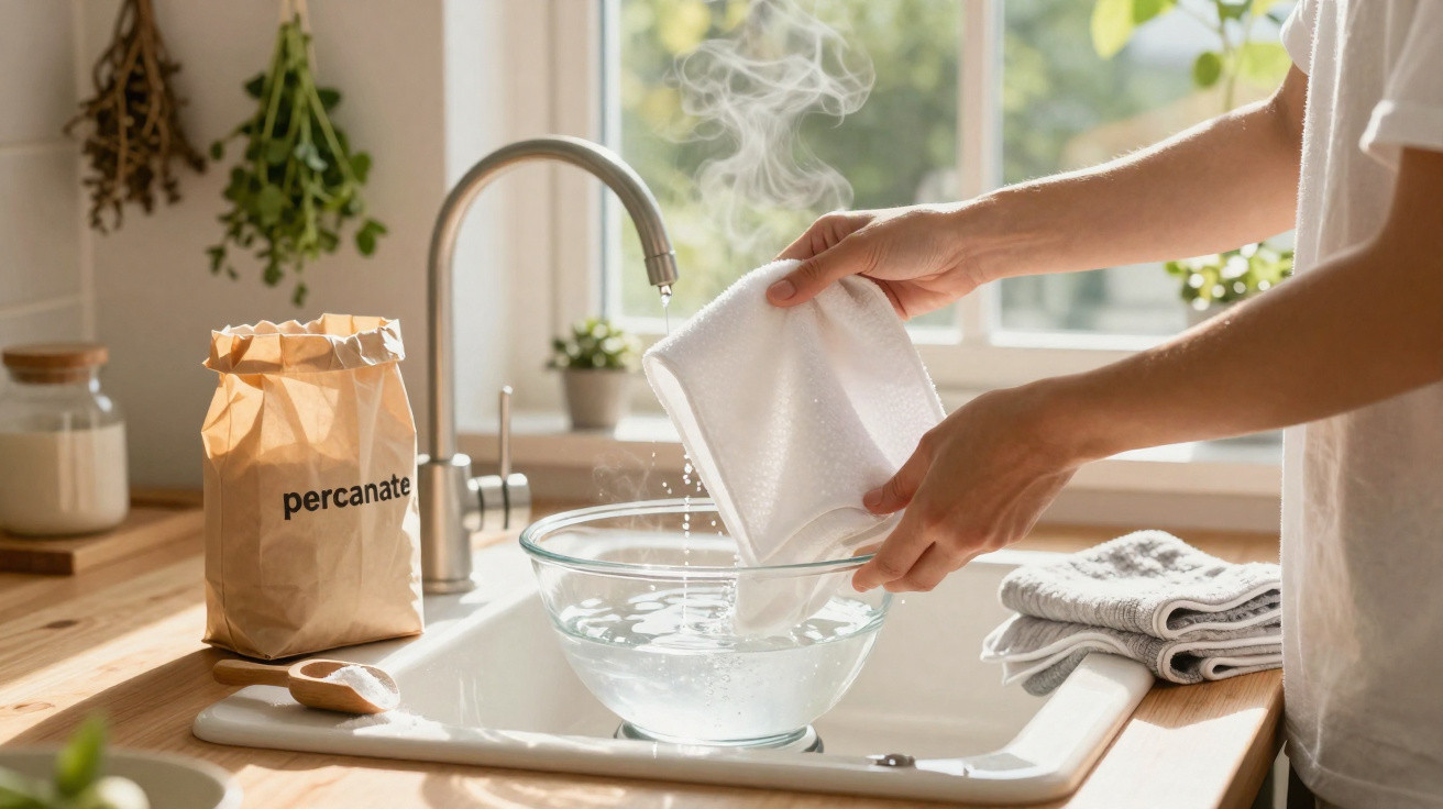 Mãos a lavar um pano branco numa bancada de cozinha com água quente a sair da torneira e saco de percarbonato ao lado.