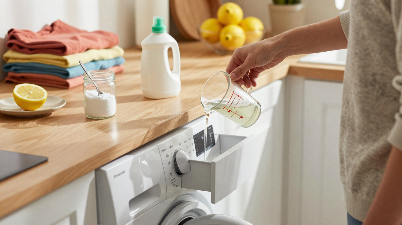 Pessoa a verter detergente líquido numa máquina de lavar roupa numa cozinha com roupa dobrada e limões.