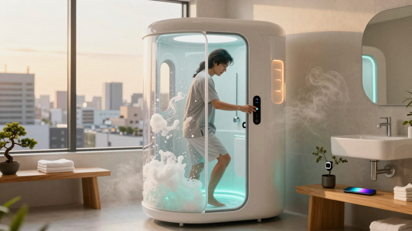 Pessoa dentro de cabine de banho futurista com luzes e vapor, numa casa de banho moderna com vista urbana.