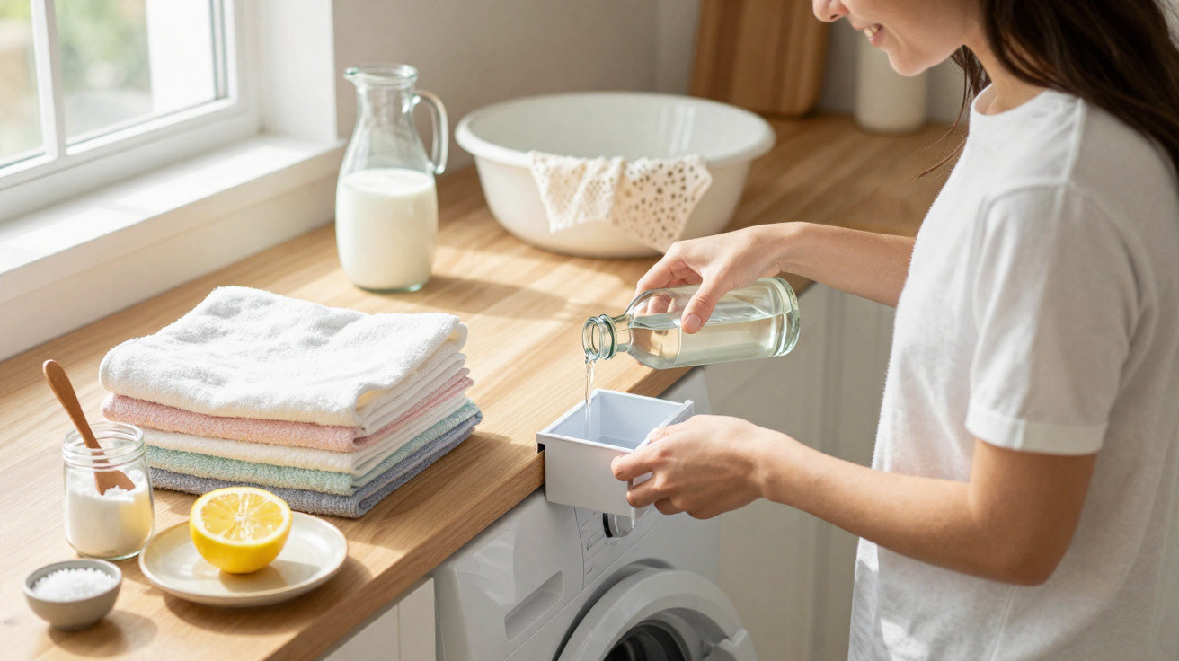 Mulher a despejar detergente numa máquina de lavar roupa numa cozinha luminosa com toalhas empilhadas.