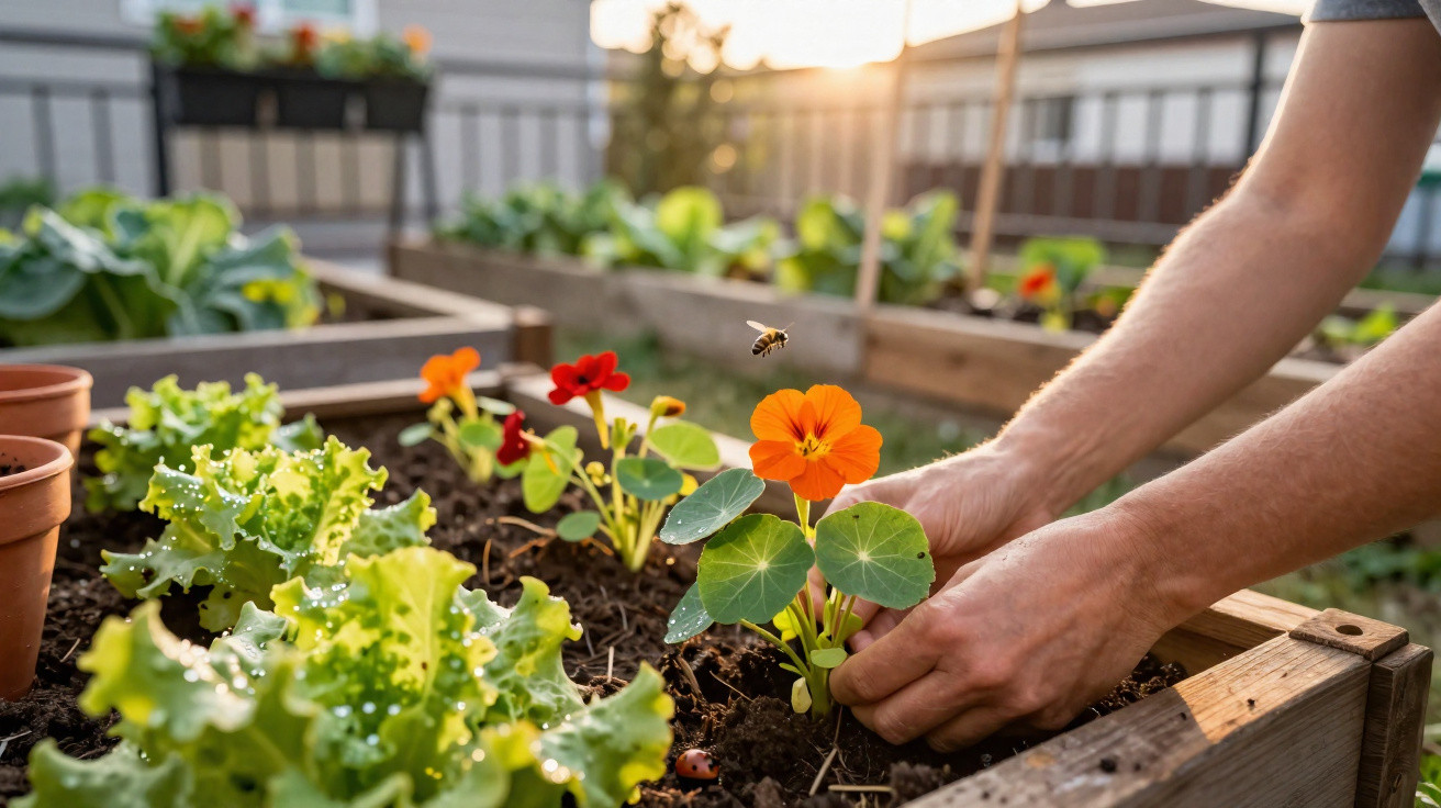 Pessoa a cuidar de flores laranjas num canteiro elevado com alfaces e uma abelha a voar ao pôr do sol.
