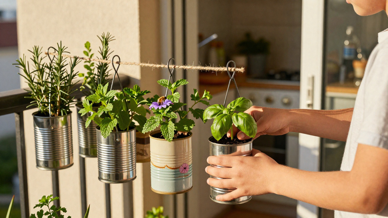 Mãos de criança a pendurar vaso com planta aromática em varanda com vários vasos reciclados suspensos.