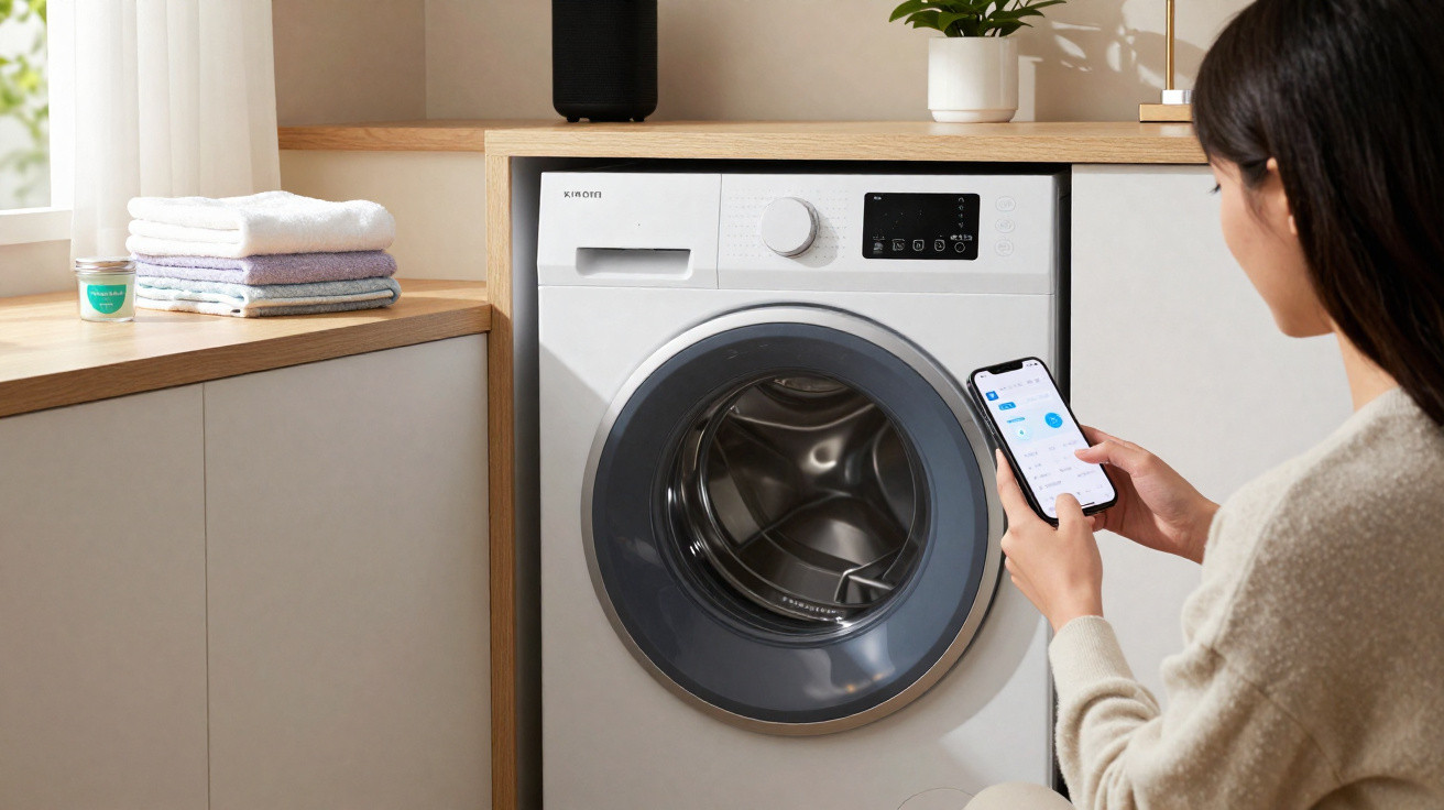 Mulher controla máquina de lavar roupa branca através de aplicação móvel numa cozinha moderna.