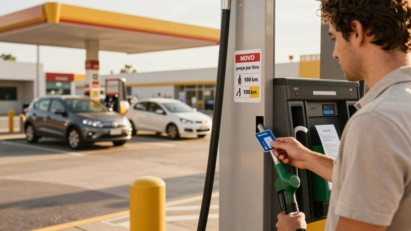 Homem a pagar combustível com cartão contactless numa bomba de gasolina ao ar livre.