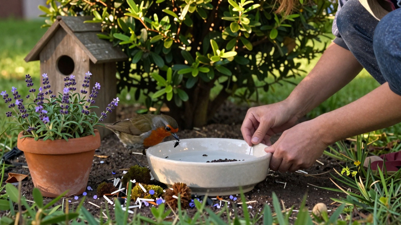 Mãos a alimentar um pássaro com bico laranja junto a uma tigela branca no jardim com flores e caixa de madeira.