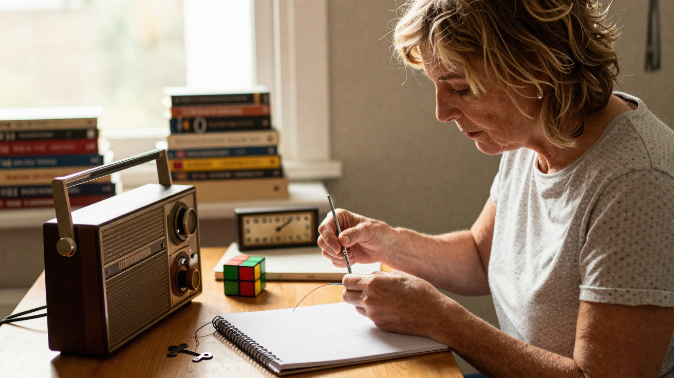 Mulher sentada a escrever num caderno com rádio antigo, relógio e cubo mágico numa secretária.