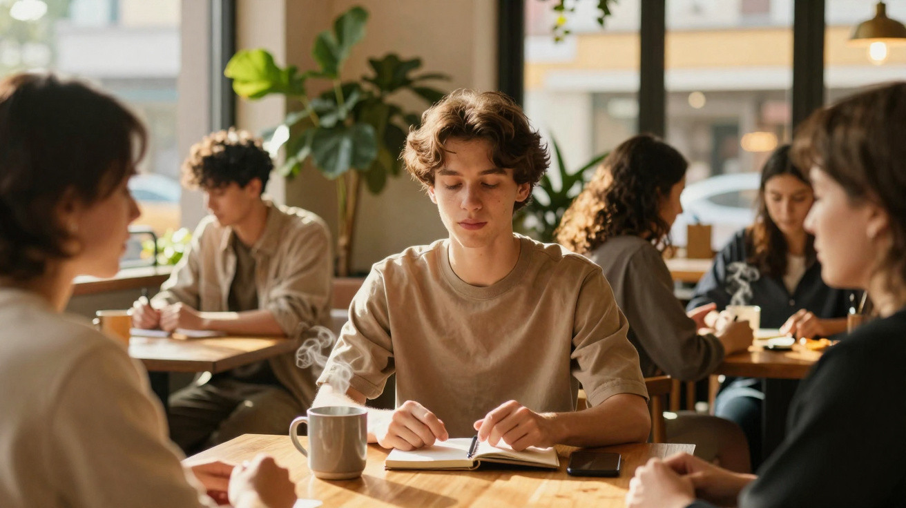 Jovem a ler um caderno sentado à mesa num café com várias pessoas ao redor.