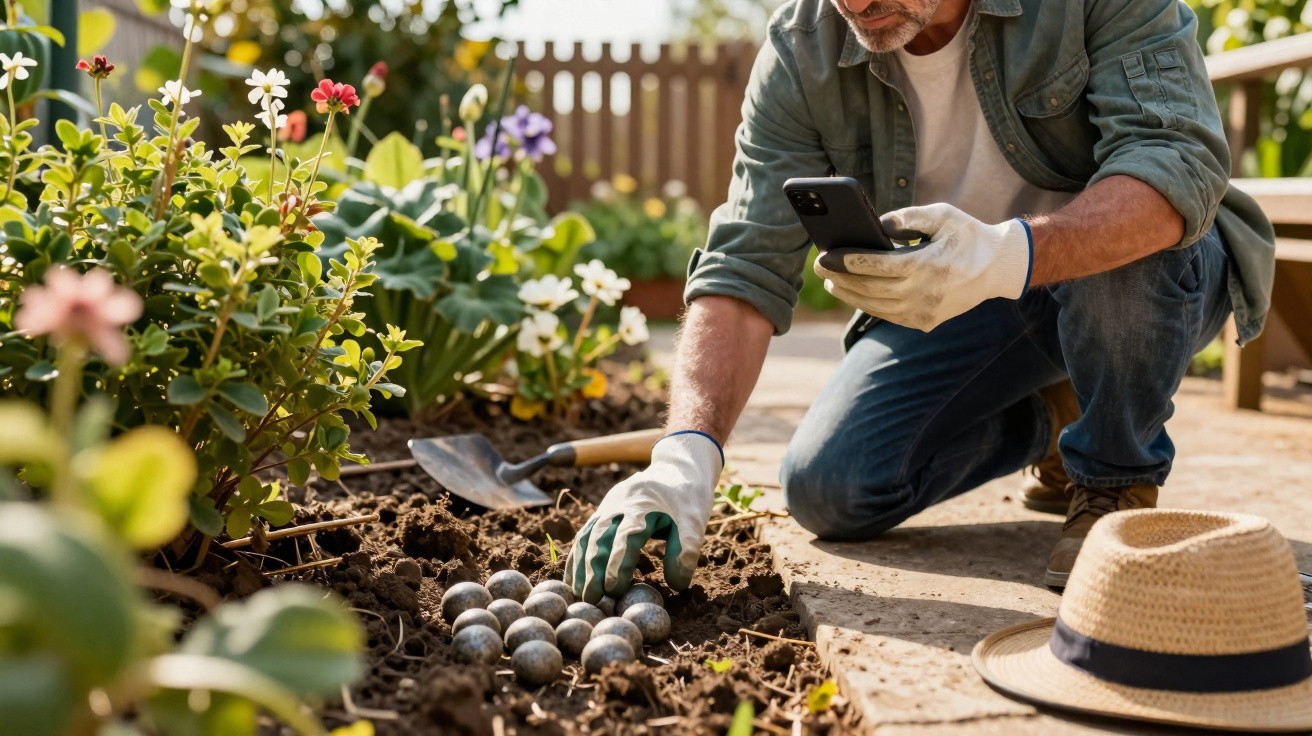 Homem a regar bolinhas no jardim com smartphone e luvas, rodeado de flores coloridas.