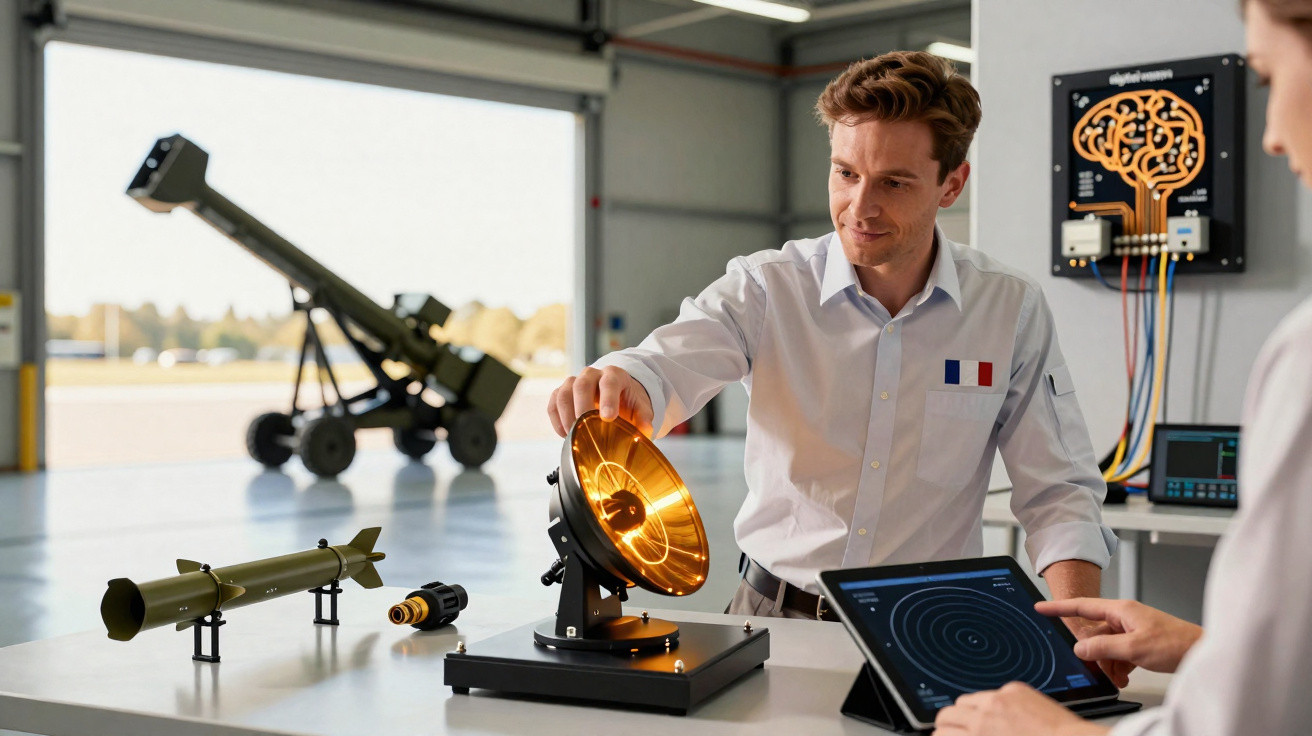 Dois técnicos analisam equipamentos militares e radarismo num laboratório moderno.