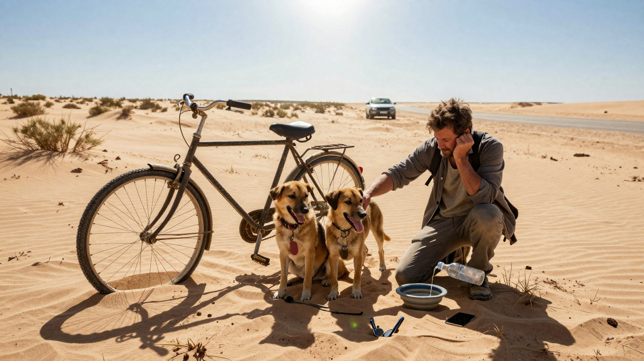 Homem hidrata dois cães junto a uma bicicleta no deserto, com um carro ao fundo na areia.