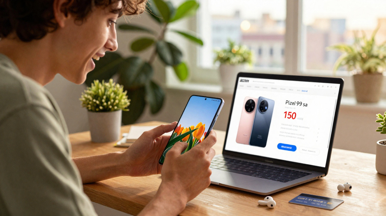 Pessoa sorridente segura telemóvel e consulta site de venda de smartphones num portátil numa mesa com plantas.