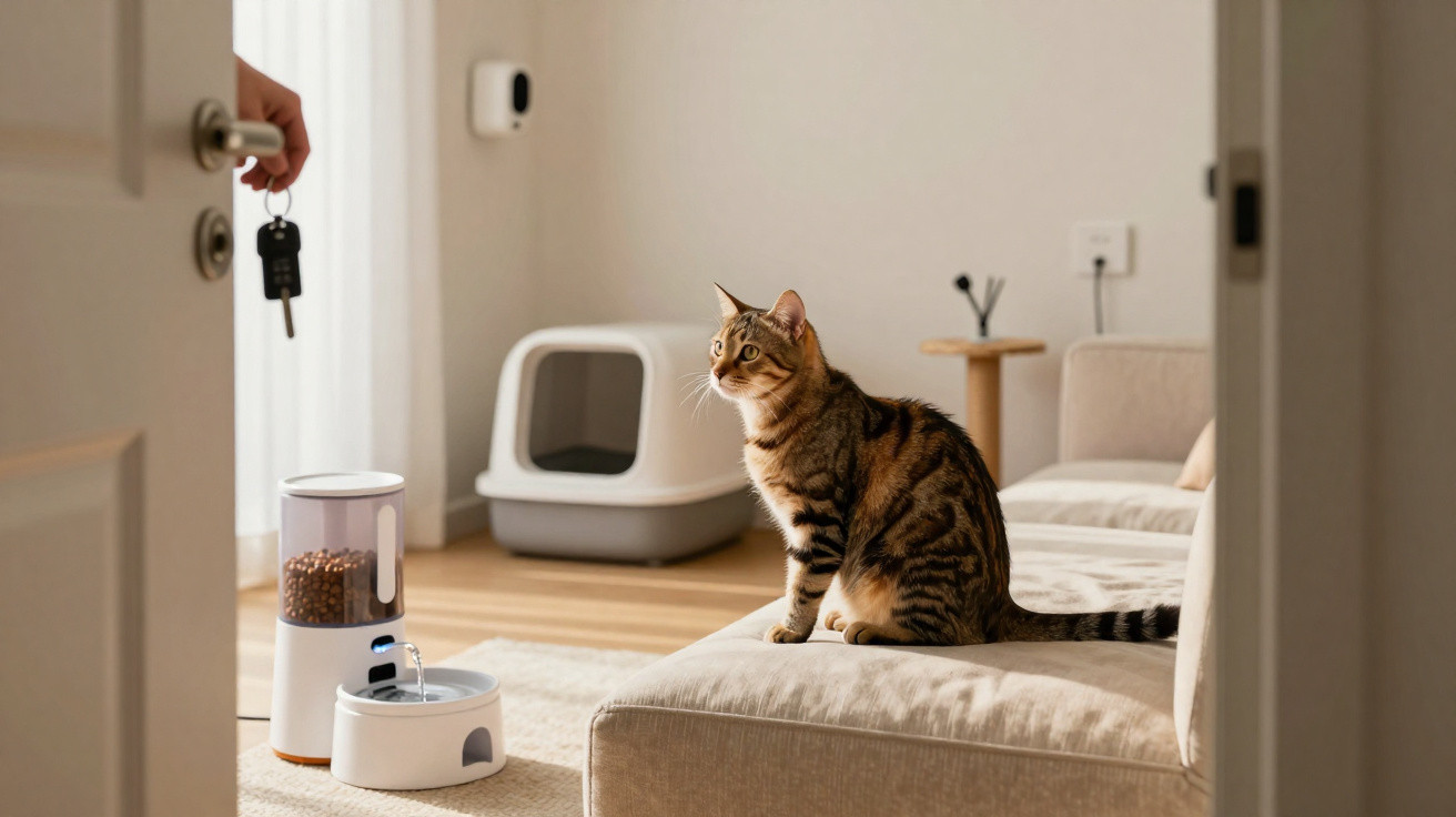Gato sentado num sofá observando uma mão com chaves perto de comedouro e bebedouro automáticos numa sala.