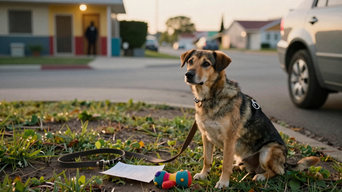 Cão de porte médio sentado na relva ao lado da estrada, com trela, papel e brinquedo colorido.