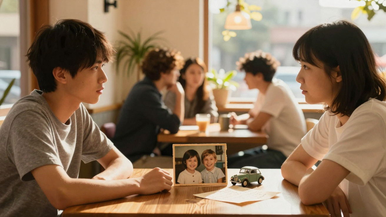 Dois jovens sentados frente a frente numa mesa com uma fotografia e um brinquedo entre eles, conversando.