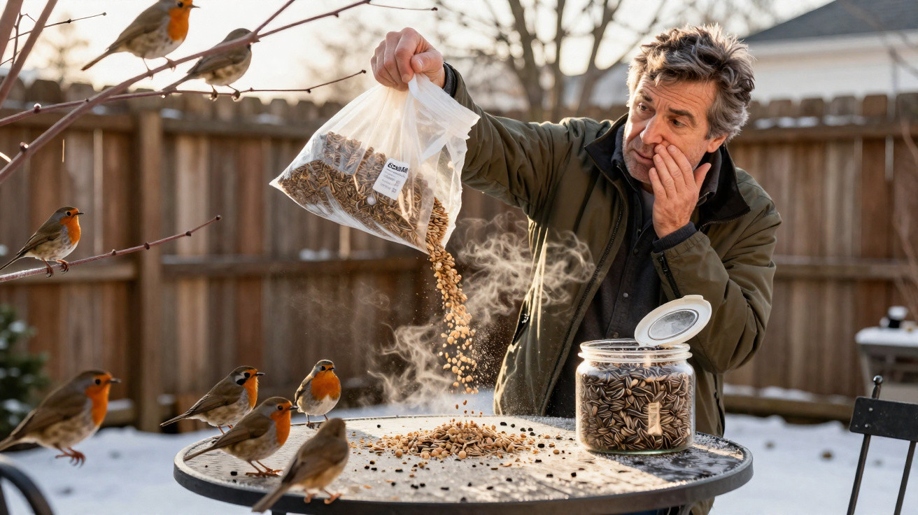 Homem a derramar sementes para pássaros em mesa ao ar livre rodeado de várias aves num dia frio de inverno.