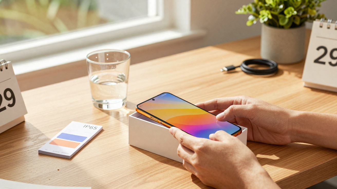 Mãos seguram smartphone colorido sobre caixa branca numa secretária com copo de água e calendário.