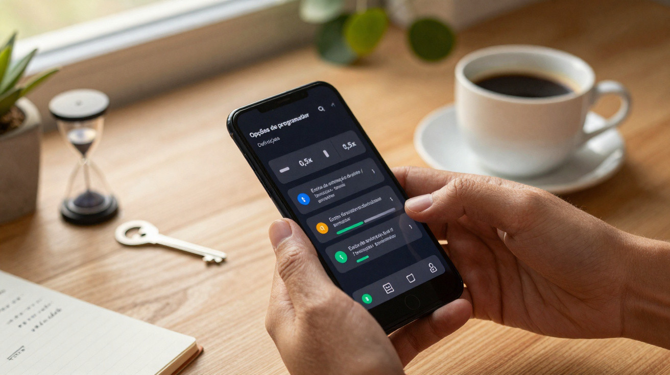 Pessoa a usar um smartphone com aplicações abertas à mesa, junto a uma chávena de café e um relógio de areia.