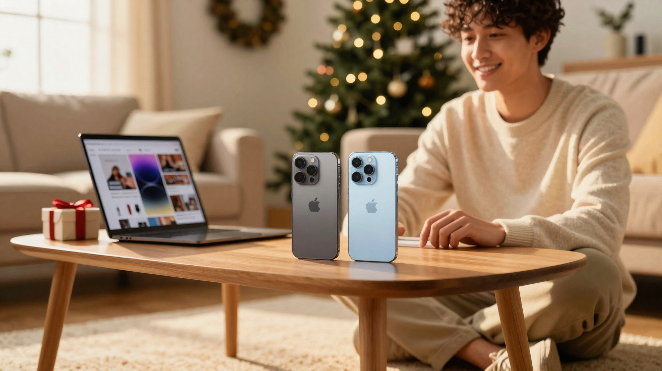 Jovem sentado junto a mesa com dois iPhones, computador portátil e árvore de Natal ao fundo.
