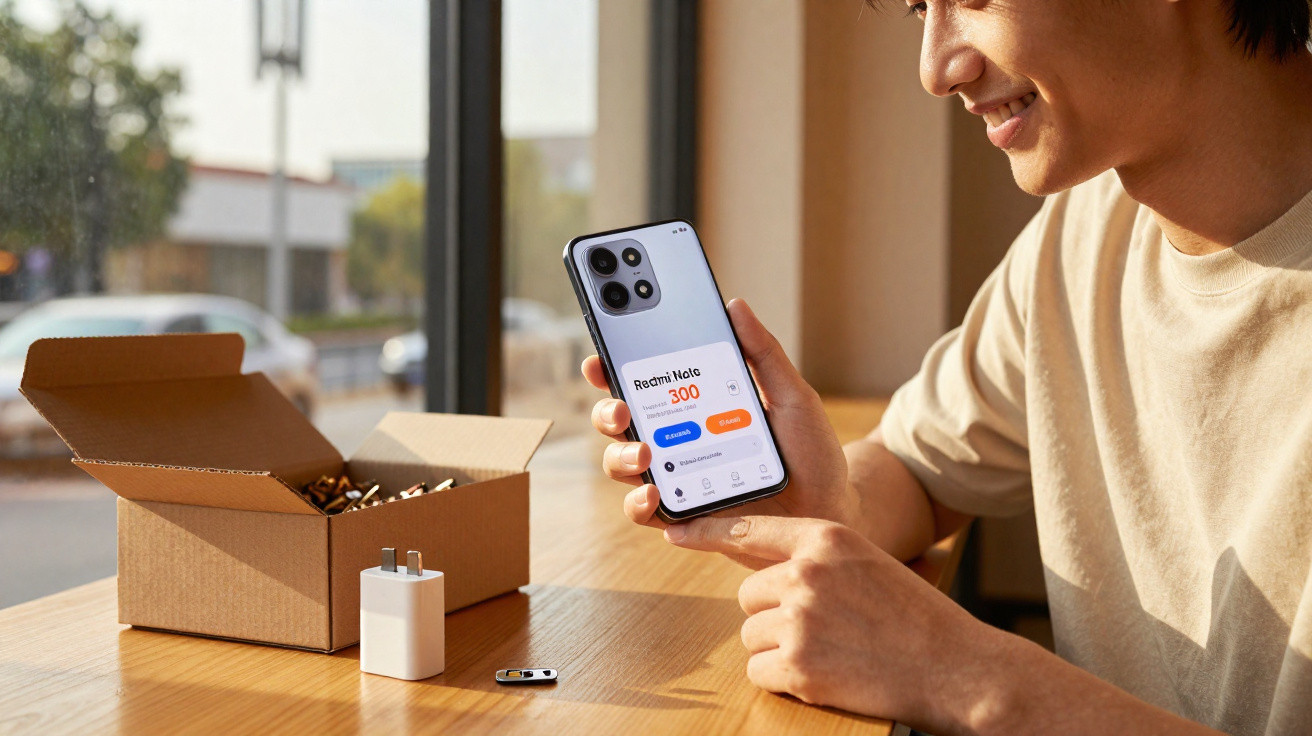 Homem sorridente a segurar telemóvel com ecrã da aplicação Redmi Note 300, junto a caixa aberta e carregador na mesa.