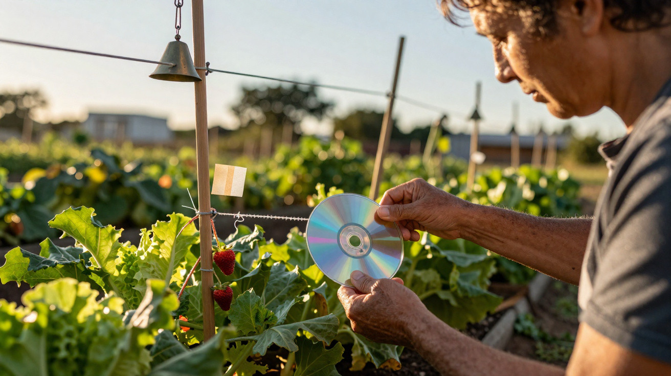 Homem a usar CD para proteger morangos em cultivo ao ar livre ao fim da tarde.