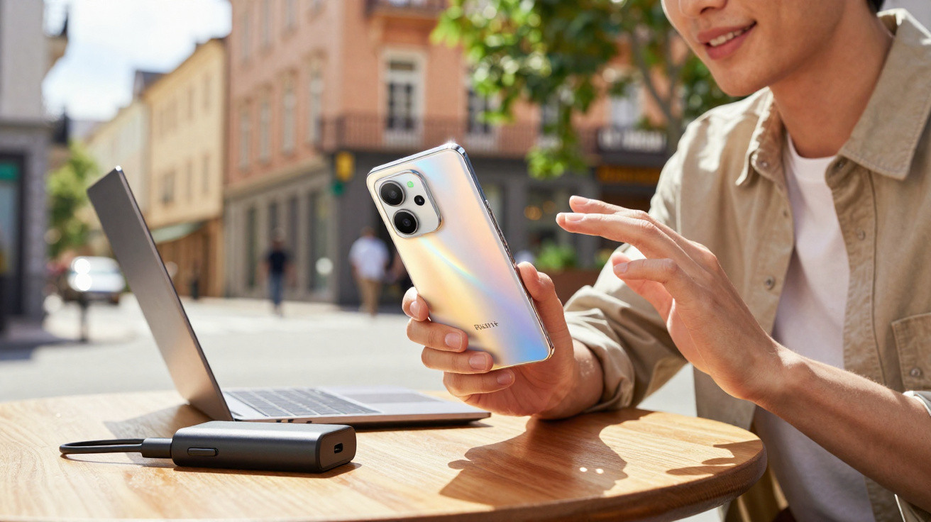 Pessoa a usar smartphone holográfico junto a computador portátil numa mesa ao ar livre numa rua urbana.