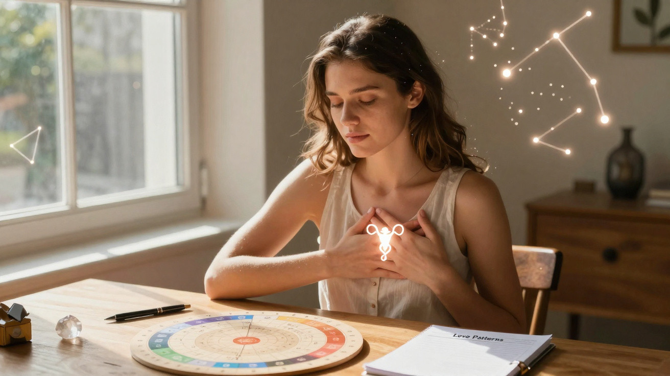 Mulher sentada à mesa com cartas e gráficos, com mãos no peito e símbolos luminosos místicos à volta.