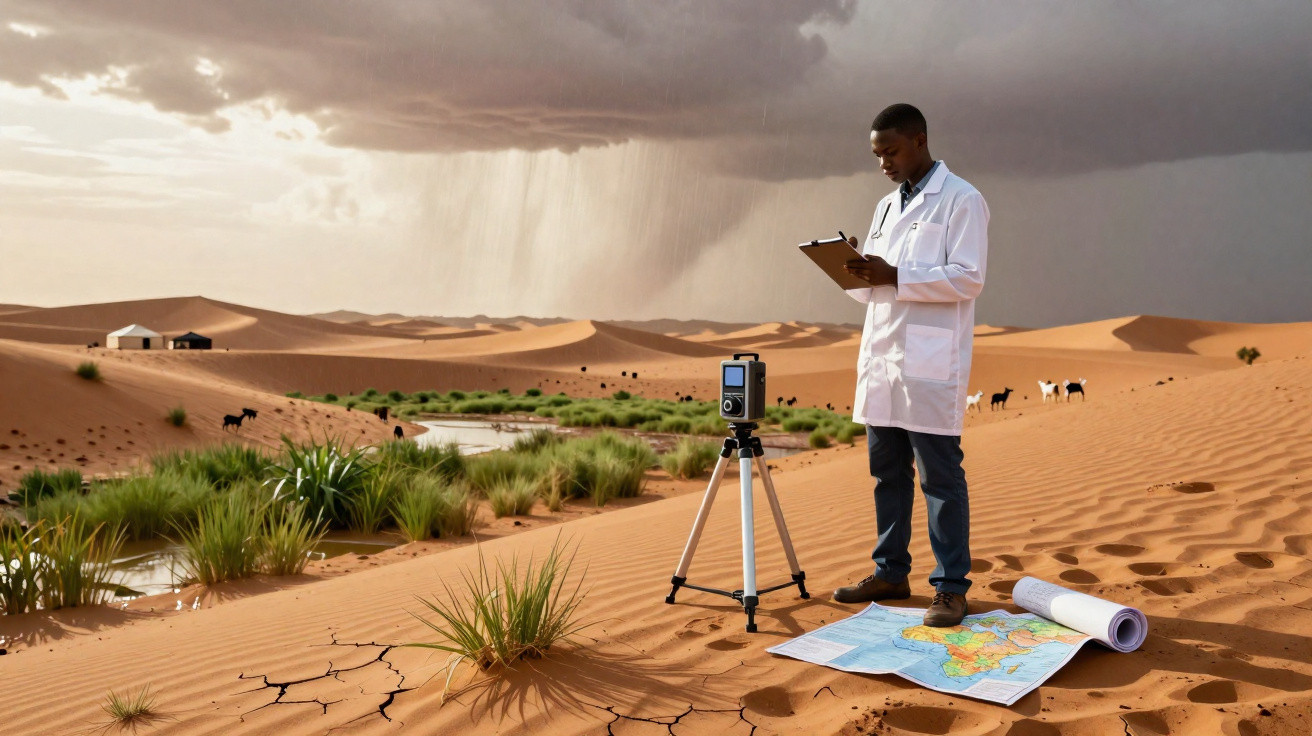 Homem com bata branca faz registos junto a dispositivo no deserto com dunas, mapa e relâmpagos ao fundo.