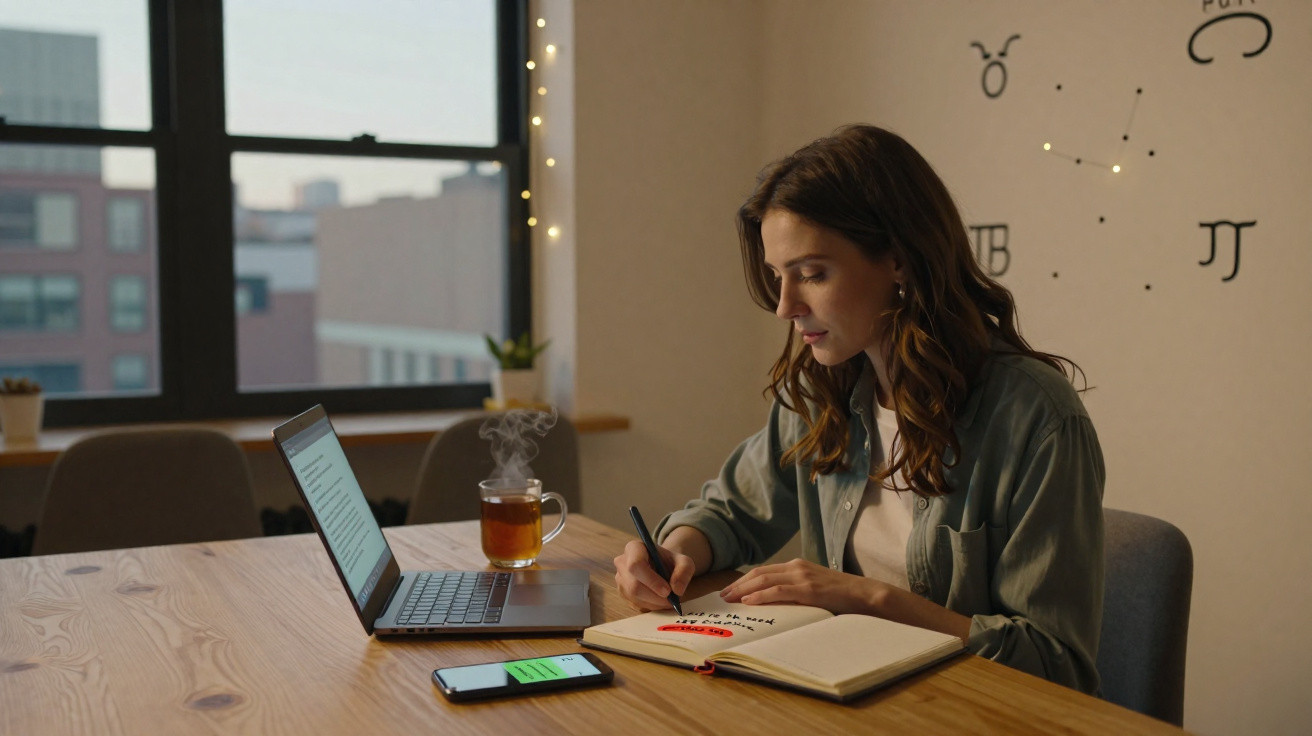 Mulher jovem escreve num caderno numa mesa com portátil, chá e telemóvel, em ambiente de trabalho ou estudo.