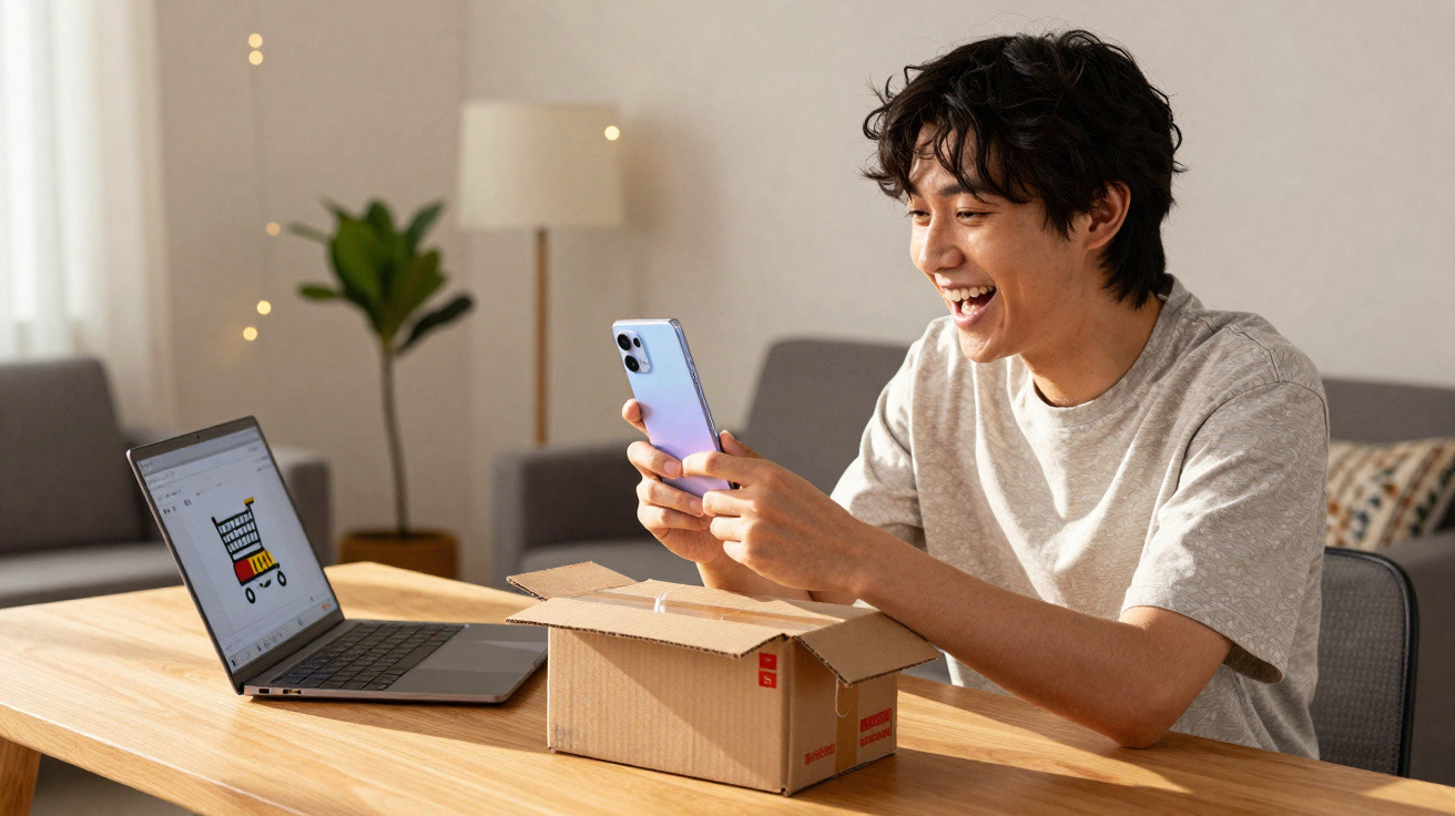 Jovem sentado numa mesa a sorrir enquanto usa um smartphone, com um portátil e caixa de cartão aberta à frente.
