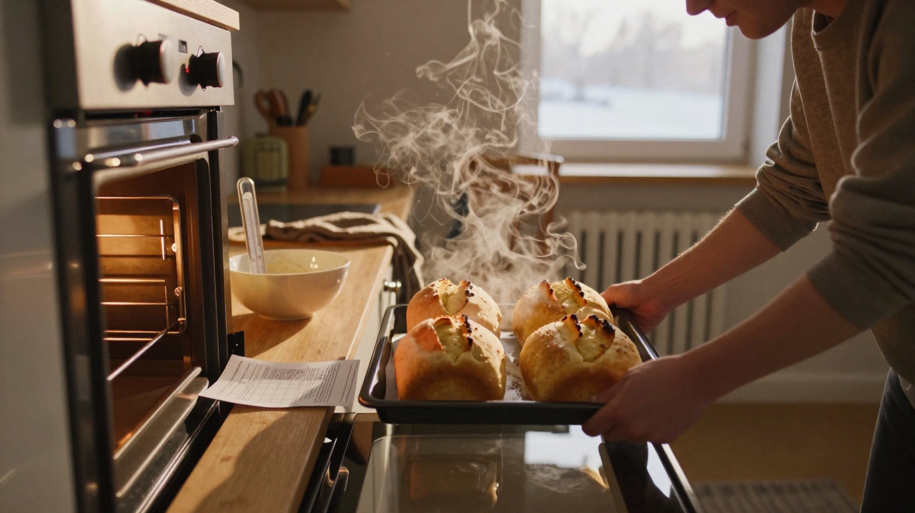 Pessoa a retirar quatro pães quentes e fumegantes de um tabuleiro do forno numa cozinha.