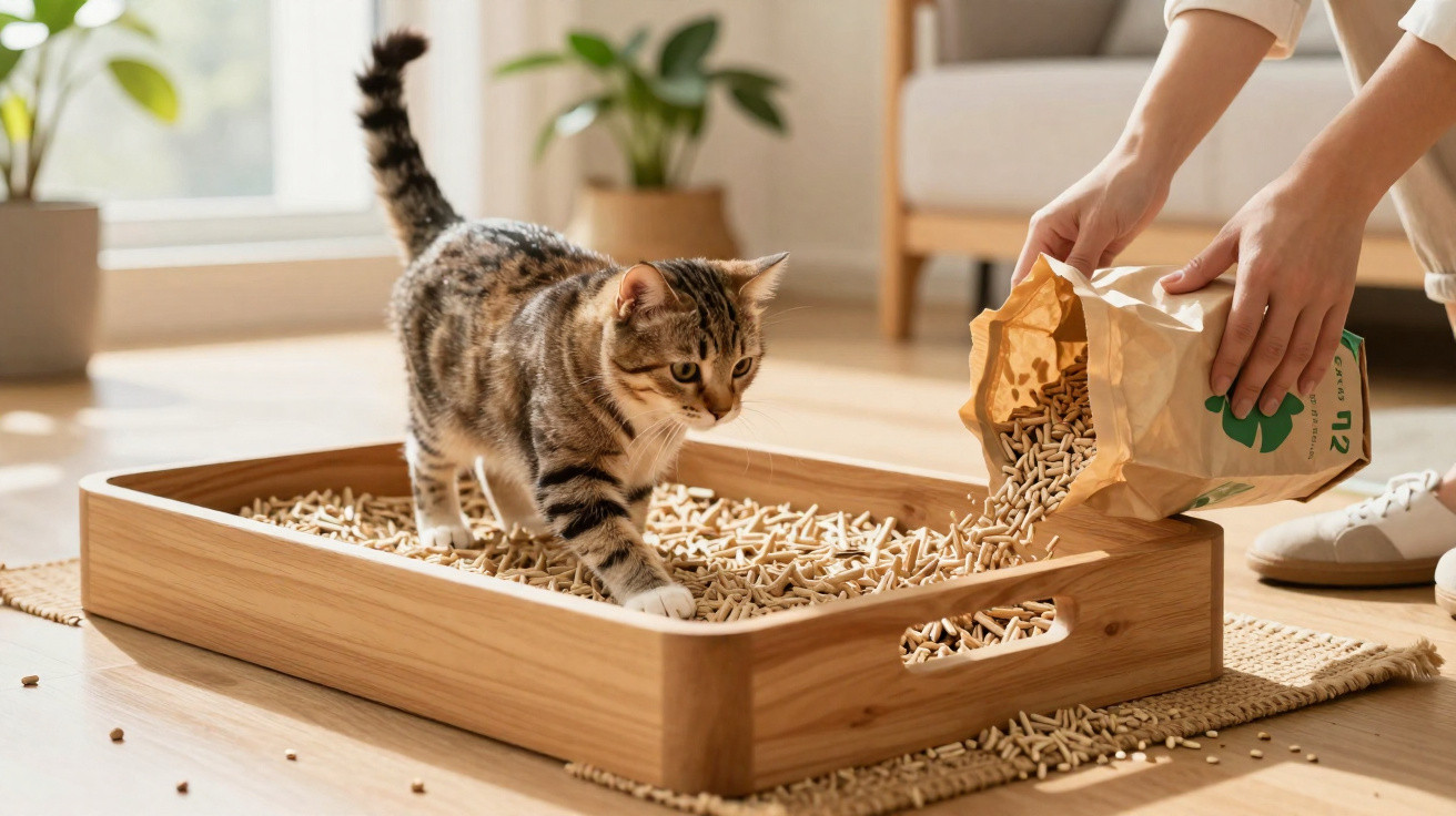 Gato a caminhar numa caixa de areia ecológica de madeira enquanto uma pessoa espalha pellets de madeira.