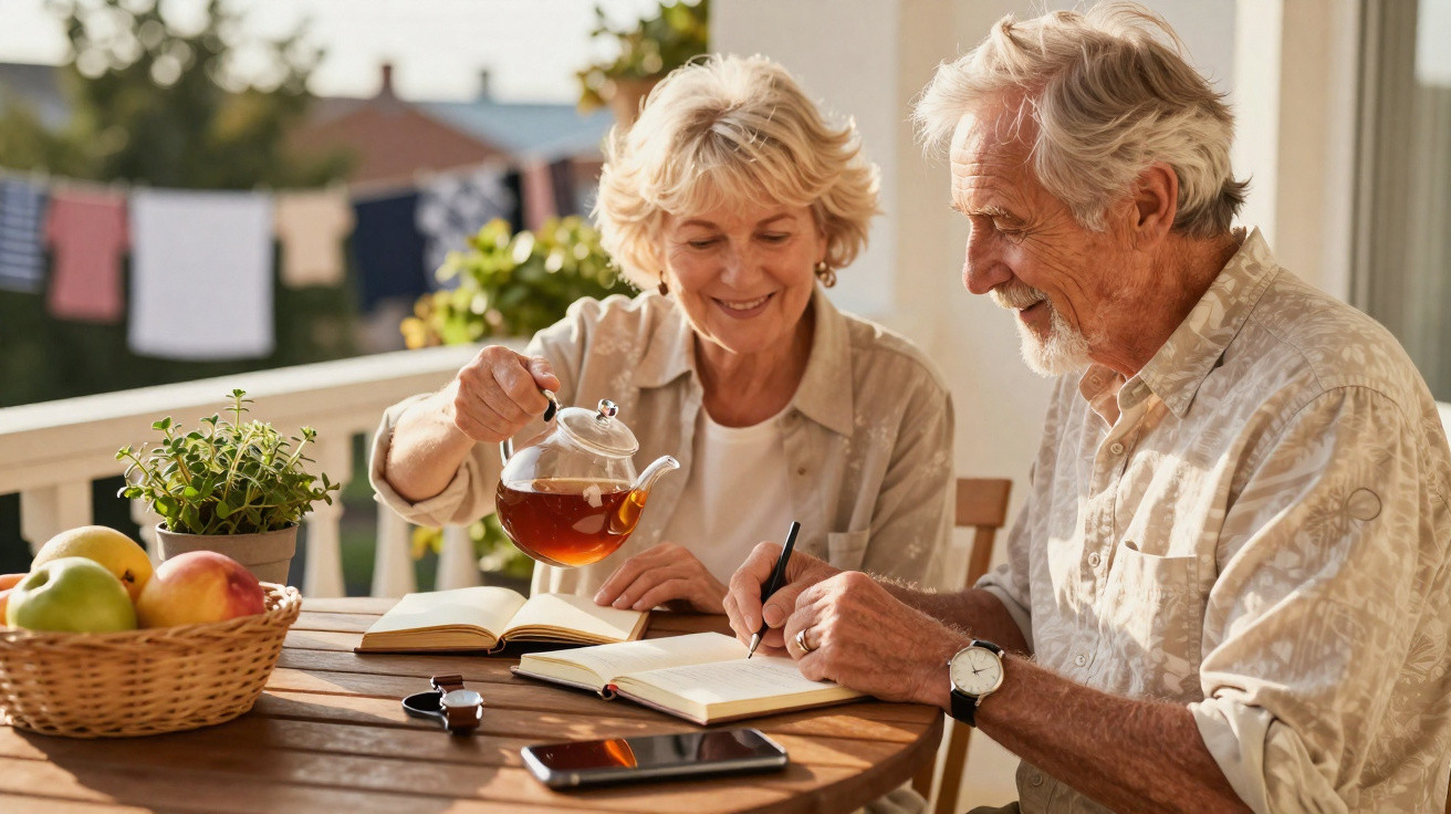 Casal idoso sentado à mesa na varanda, ela serve chá e ele escreve num caderno, em ambiente acolhedor.