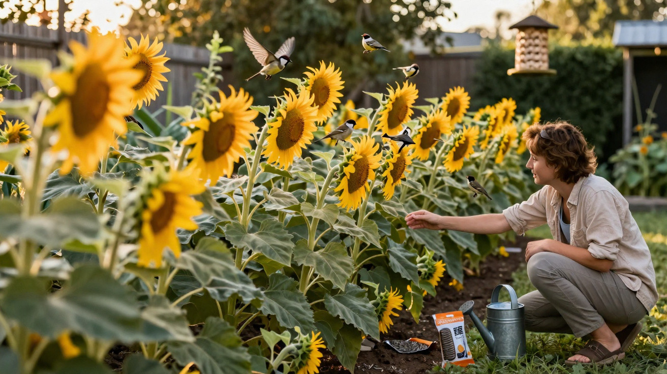 Mulher alimentar pássaros num jardim com fileira de girassóis ao pôr do sol.