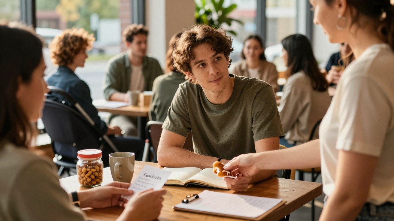 Jovens sentados numa mesa numa cafetaria, com livros e snacks numa conversa descontraída.