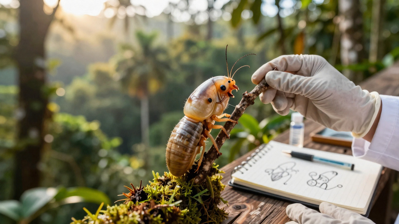 Investigador com luva segurando um ramo junto a uma grande réplica de inseto, com caderno de desenhos ao fundo.
