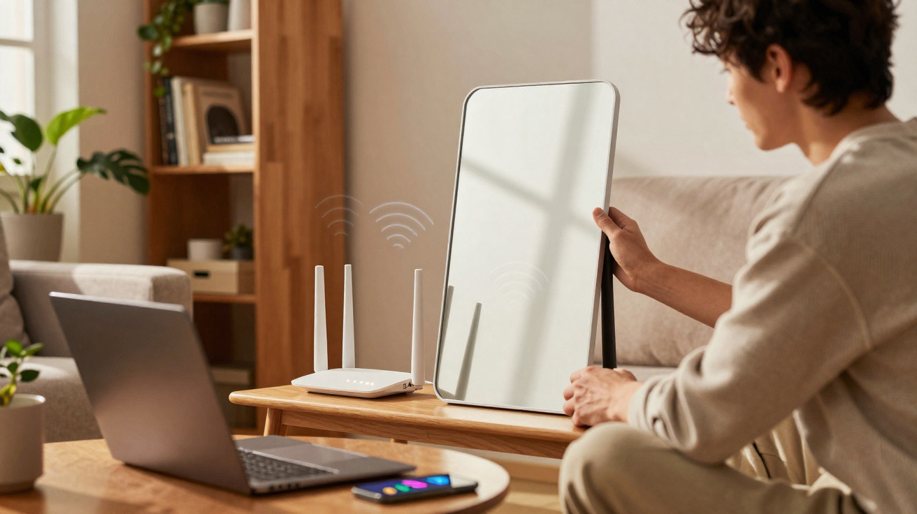 Pessoa sentada no sofá a ajustar um espelho junto a um router e computador portátil numa sala moderna.