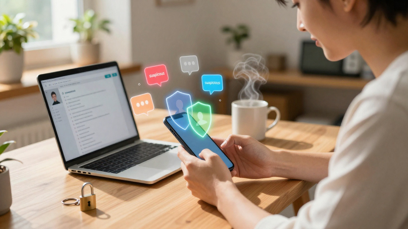 Pessoa a usar telemóvel com ícones de segurança digital, junto a portátil, chávena de café e cadeado numa secretária de madei