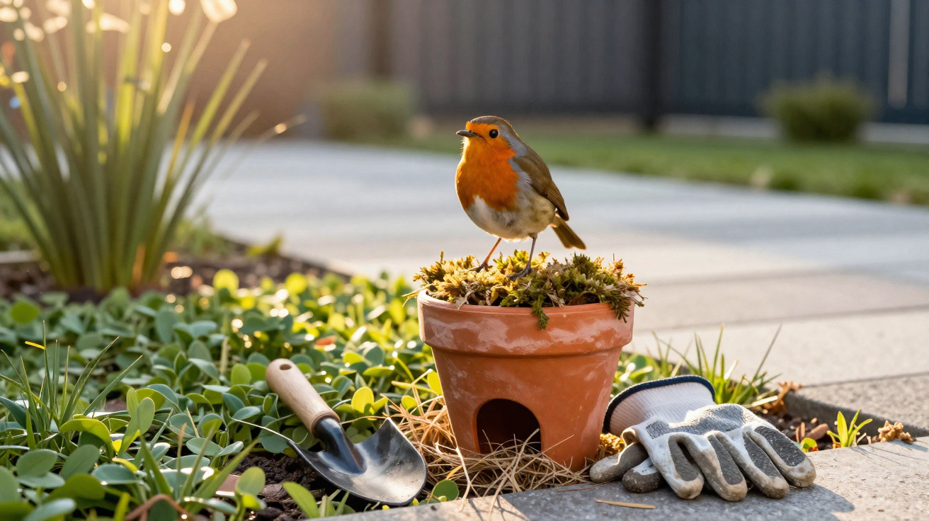 Pardal com peito laranja em vaso de barro com musgo rodeado de ferramentas de jardinagem em jardim.