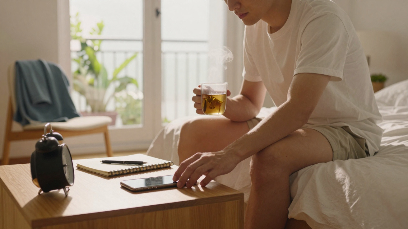 Homem sentado na cama a beber chá e a usar o telemóvel numa mesa com bloco e relógio.