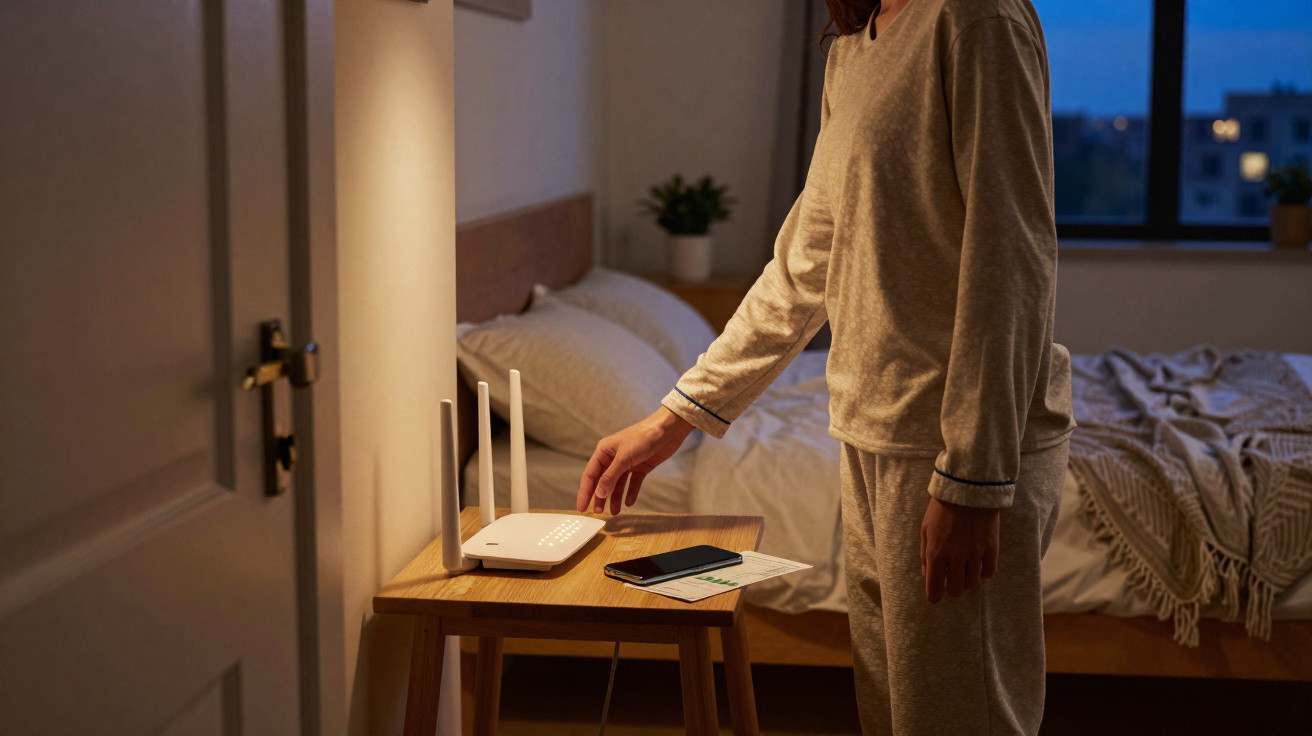 Pessoa em pijama a ajustar um router numa mesa ao lado da cama num quarto durante a noite.