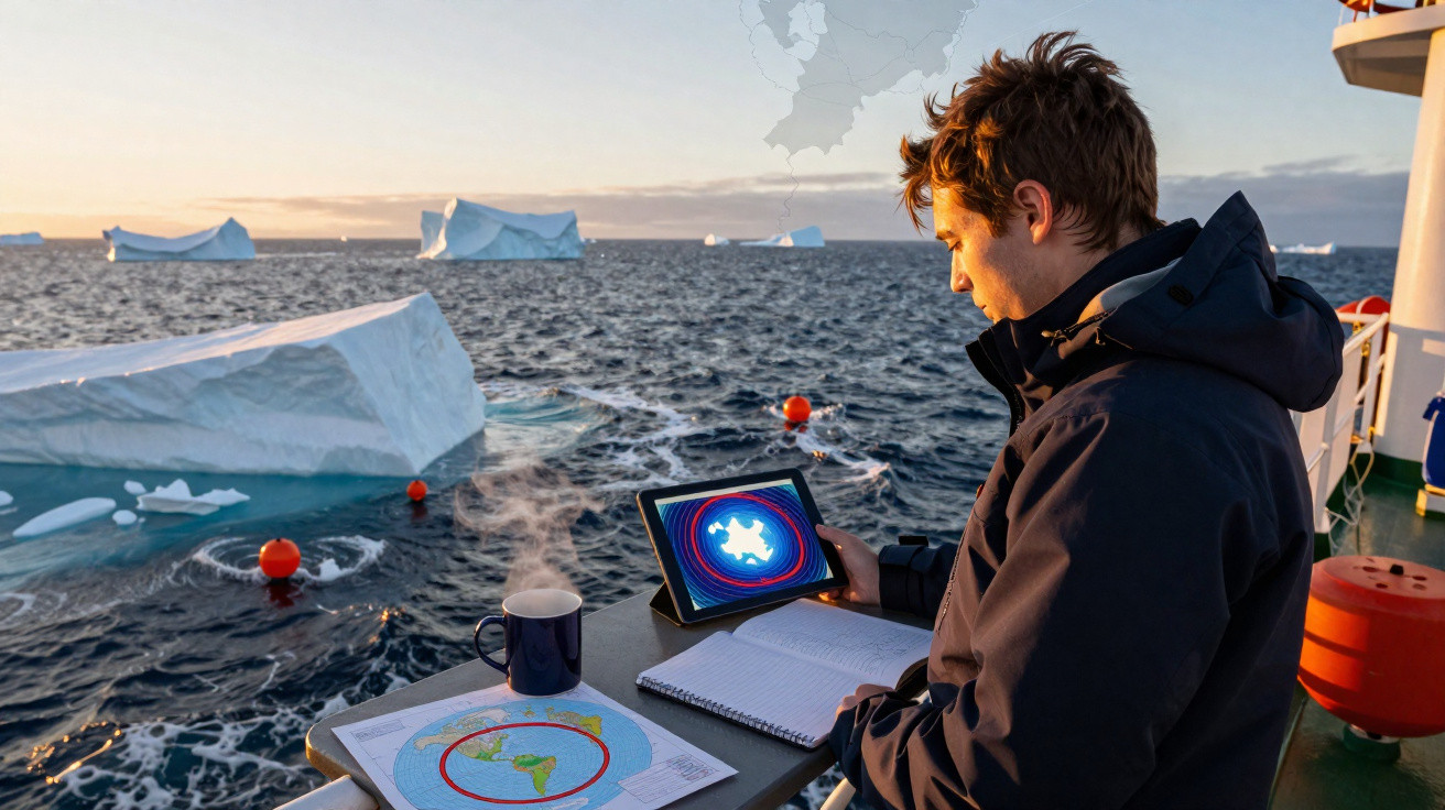 Pessoa a estudar dados num tablet bordo de barco com icebergs no mar ao pôr do sol.