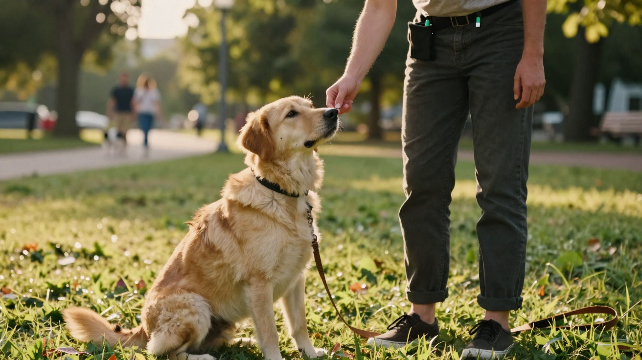 Homem a dar comida a cachorro dourado sentado numa coleira num parque verde com sol.