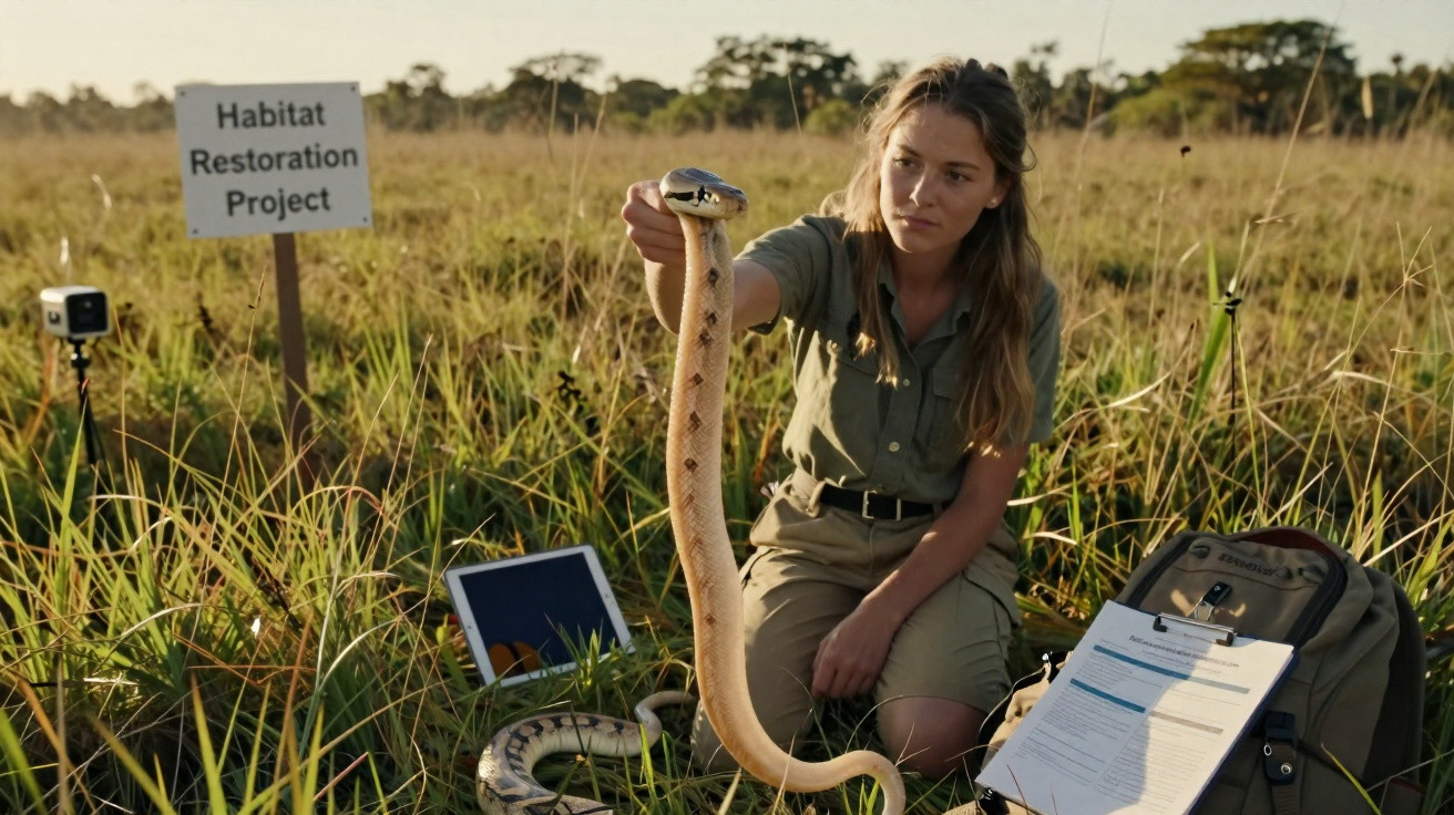 Mulher sentada na relva a segurar uma cobra num projeto de restauração de habitat.