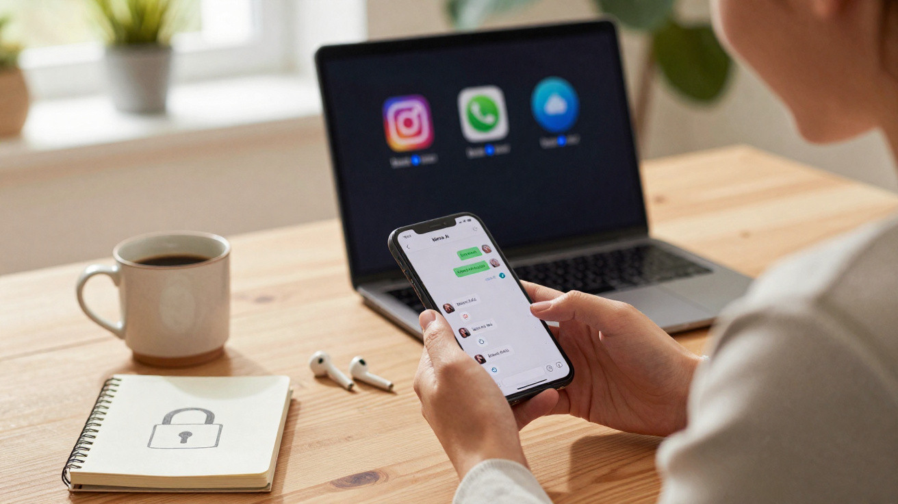 Pessoa a usar telemóvel com aplicação de mensagens, portátil com redes sociais abertas e objetos sobre uma mesa de madeira.