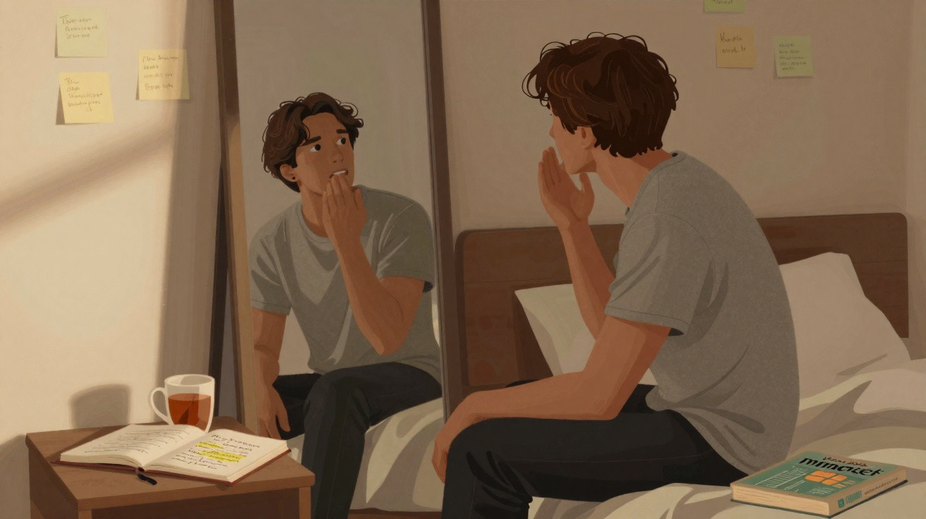 Jovem sentado na cama a olhar para o espelho, com livro aberto e chá numa mesa ao lado.