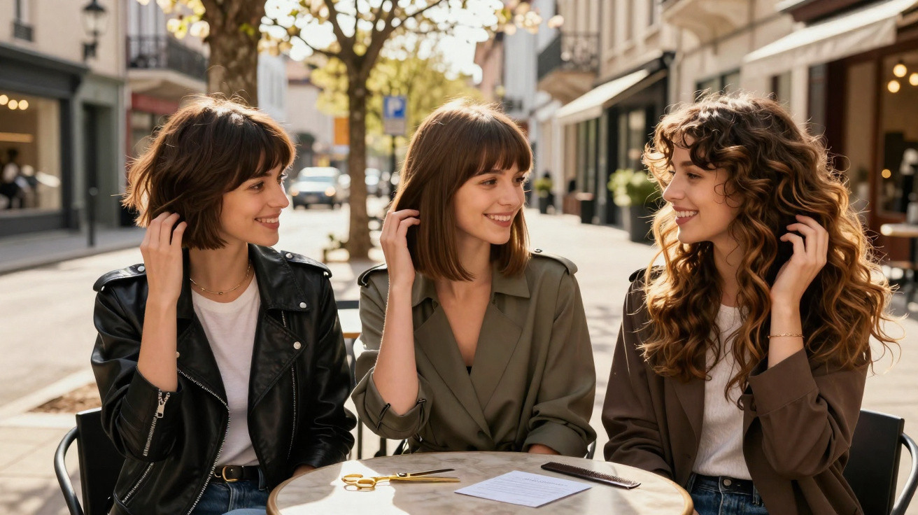 Três jovens sentadas à mesa na esplanada de uma rua urbana, sorrindo e conversando.