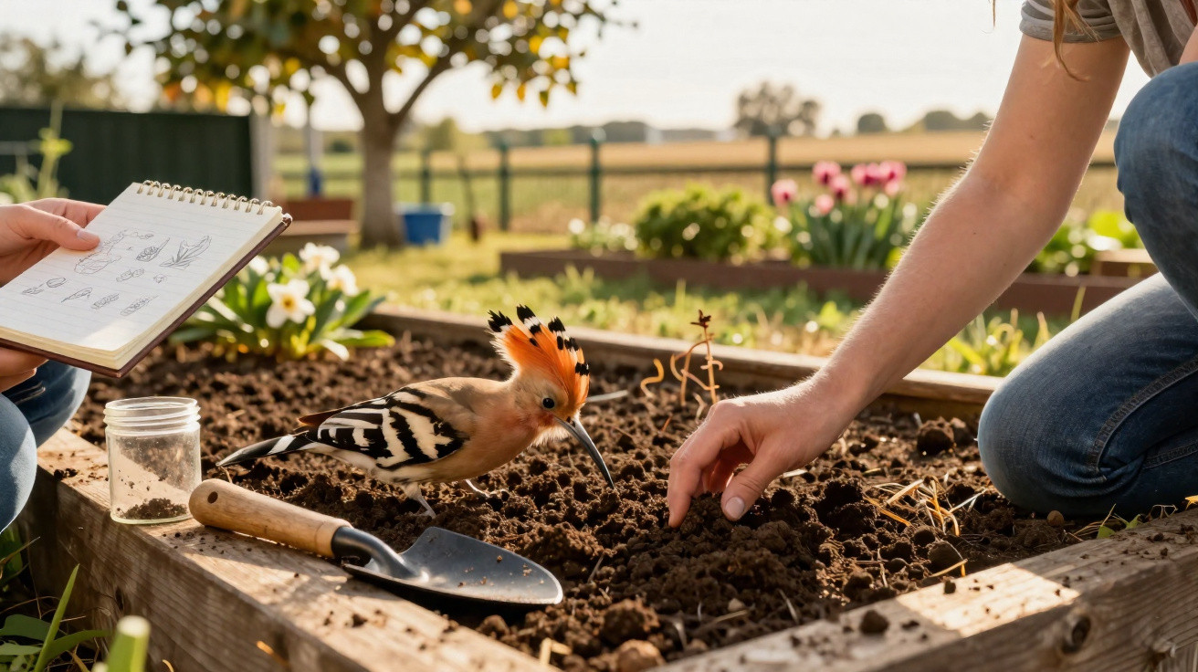 Pássaro colorido e pessoa a mexer na terra numa cama de cultivo numa horta com plantas ao fundo.