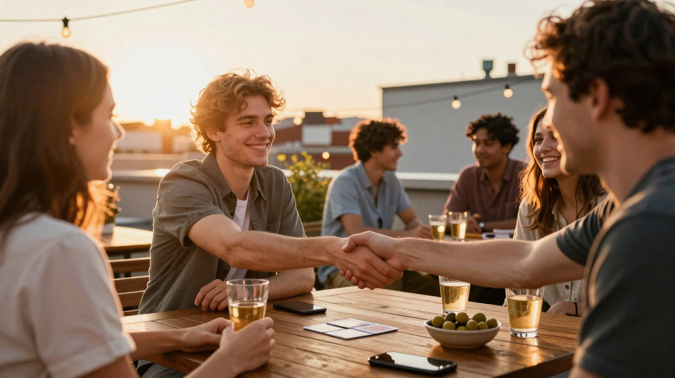 Grupo de jovens sentados numa esplanada ao pôr do sol, dois deles a cumprimentarem-se com um aperto de mão.