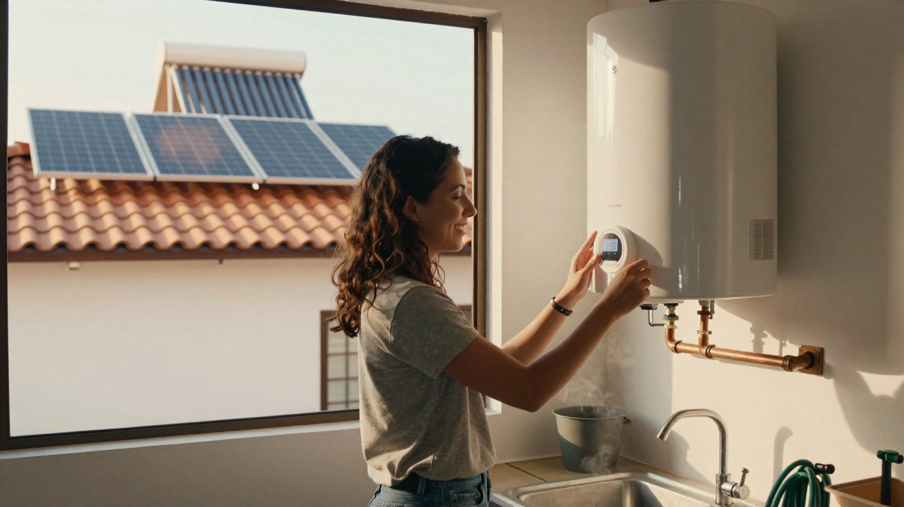 Mulher a ajustar termóstato de esquentador ligado a painel solar em cozinha com janela aberta.
